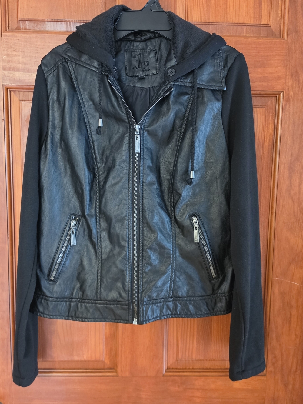 J2 Women’s Black Faux Leather Hooded Jacket, M